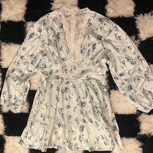 Light Blue Floral Lace Trim Mini Dress